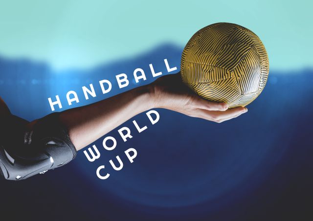 Close-up of an athlete's hand holding a stylized handball with overlay text 'Handball World Cup'. Ideal for promoting handball tournaments, sports events, and athletic competitions. Suitable for advertisement banners, event posters, and sports-related publications.
