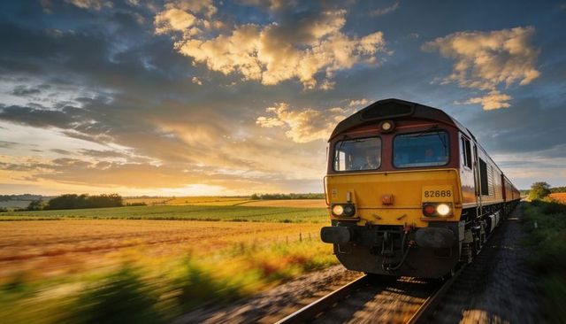 Diesel locomotive racing through golden farmland at sunset on single-track rails