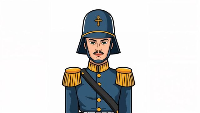 Ceremonial navy officer standing in dark blue uniform with gold epaulettes and helmet