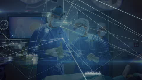 Surgeons in Operating Room with Data Holograms Overlay