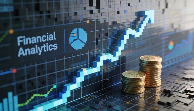 Rising cryptocurrency wealth on pixelated financial analytics dashboard with stacked coins