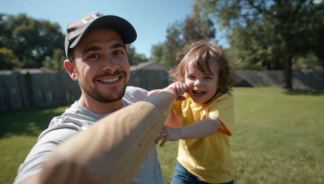 Dad teaching young child baseball in sunny backyard smiling and swinging wooden bat