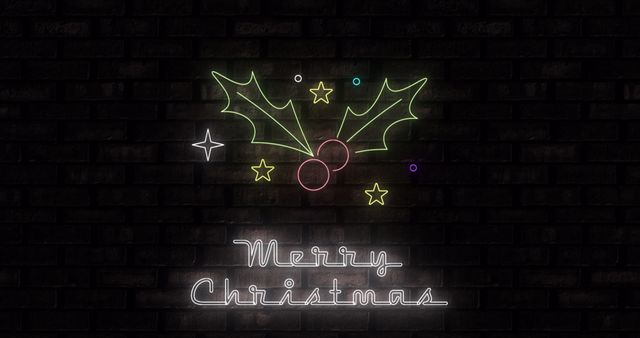 Neon Merry Christmas Sign with Holly and Stars on Black Background - Download Free Stock Images Pikwizard.com