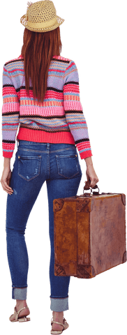 Hipster Woman Holding Vintage Suitcase in Transparent Background