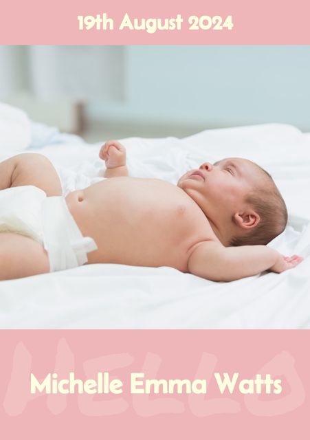 This image features a Caucasian newborn baby lying on white bed linens with birth details overlaid in pink. This design is perfect for use in birth announcements, baby showers, and personalized invitations. Ideal for parents and designers seeking cute and sentimental visuals for welcoming a new baby.