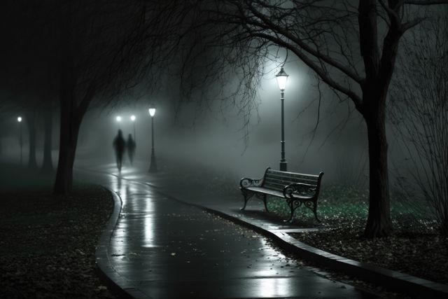 Bench in park with street lamp on dark misty rainy night, created using generative ai technology. Park, mist and rain concept digitally generated image.