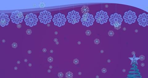 Snowflake Motifs with Spiral Teal Tree on Purple Background