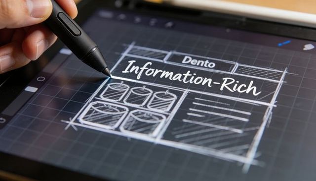 Designer sketching information-rich website wireframe on tablet with digital stylus closeup