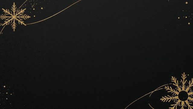 Elegant black gold holiday card background featuring metallic snowflakes and gold swirls