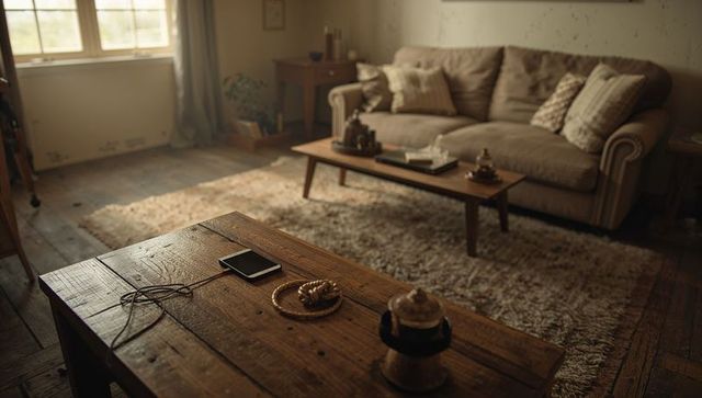Rustic living room with wooden coffee table, smartphone with cable, cozy sofa, daylight