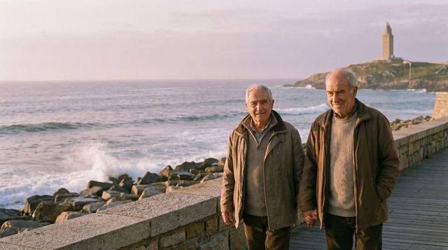 Senior men walking hand in hand along coastal boardwalk near lighthouse at golden hour