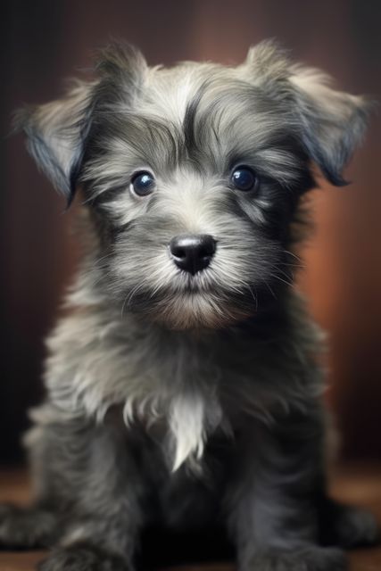 Portrait of cute grey puppy with dark eyes sitting, created using generative ai technology. Dogs, domestic animals and pets concept digitally generated image.