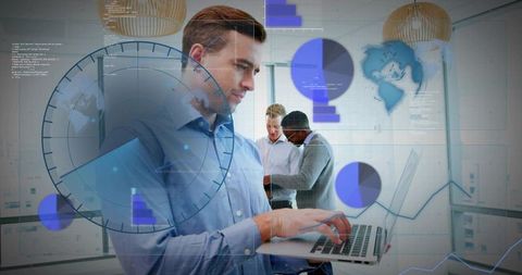 Business lead typing on laptop with holographic charts while team analyzing global data