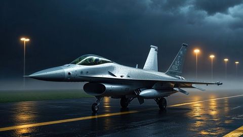 F16 fighter jet on wet runway at night with illuminated taxiway