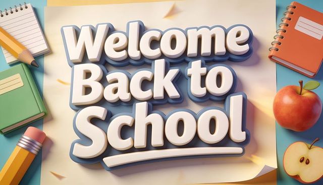 Bold 3d welcome back to school typography on pastel desk with stationery