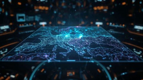 Futuristic holographic map in hi-tech control room