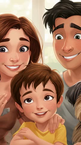 Vertical family selfie video showing playful parents and smiling child with dog peeking