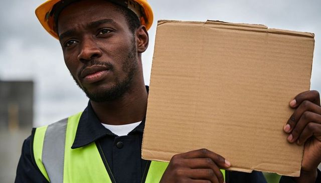Construction worker holding blank cardboard sign outdoors wearing hard hat and hi-vis vest