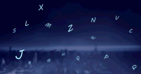 Falling Letters over Cityscape Digital Interface Concept