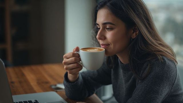 Young woman sipping latte while working on laptop at cozy wooden table by window