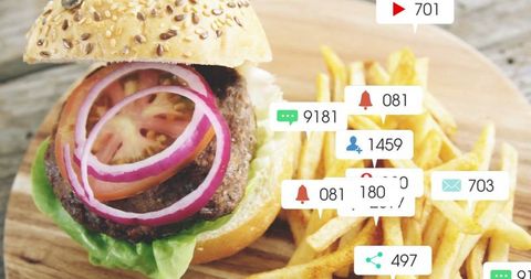 Gourmet Burger and Fries with Social Media Engagement Icons