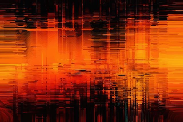 Glowing orange interference lines and lights on black, created using generative ai technology. Visual distortion and data technology abstract background concept digitally generated image.