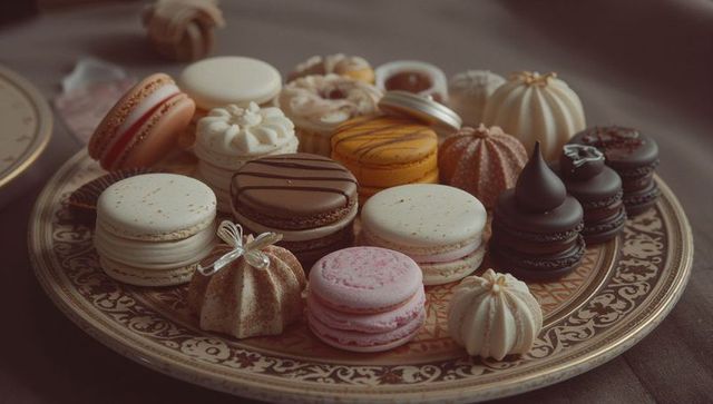 Artisan Macarons and Meringues on Ornate Tray