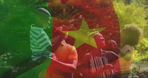 Happy Family Outdoors in Nature with Flag Overlay