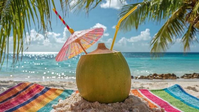 Tropical Coconut Drink on Pristine Sandy Beach