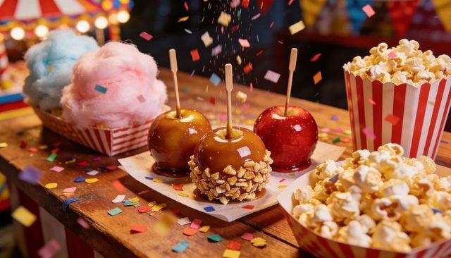 Carnival Candied Apples and Caramel Nuts with Cotton Candy and Popcorn Confetti Night