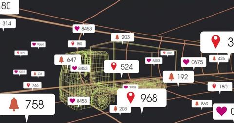Rotating wireframe 3D truck in neon grid with floating badges for fleet dashboard