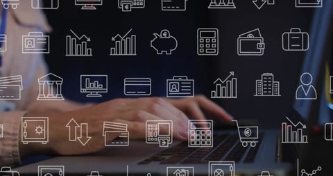 Overlay of Financial Icons with Person Using Laptop - Download Free Stock Images Pikwizard.com