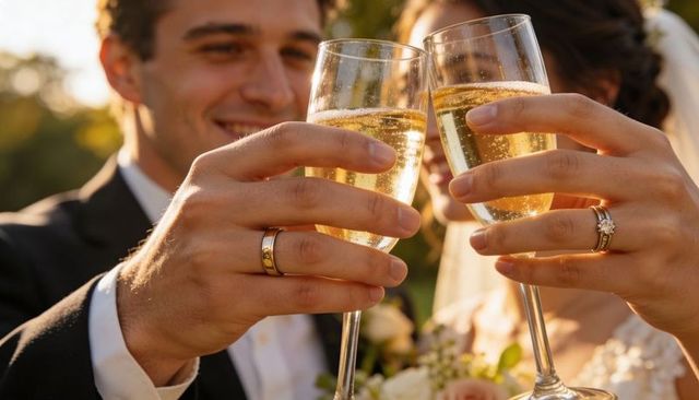 Newlyweds clinking champagne flutes at golden hour wedding toast with rings and bouquet
