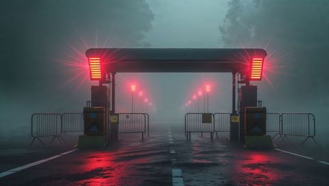 Foggy road with security barrier and red alert glowing lights