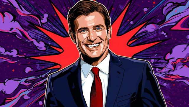 Confident Businessman Comic-style Illustration with Vibrant Background
