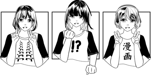 Expressive manga panels on transparent background with character gestures