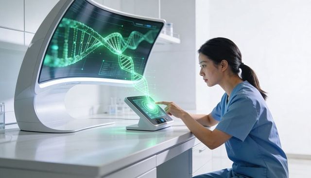 Clinician interacting with holographic dna on futuristic lab touchscreen