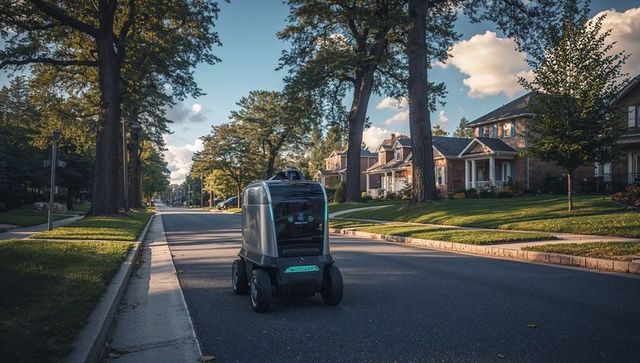 Autonomous delivery robot patrolling suburban street at golden hour