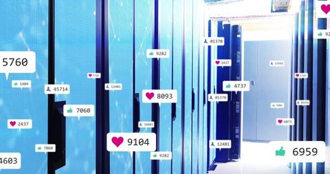 Digital Data Center with Floating Social Media Engagement Icons
