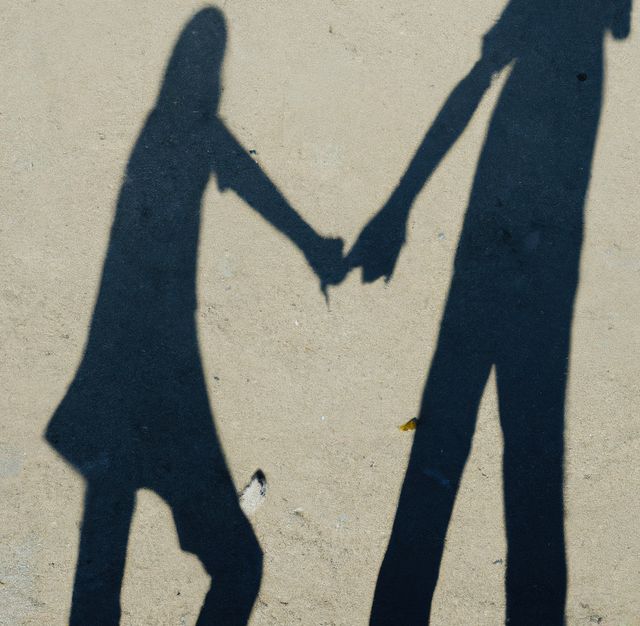 Long shadows of two people holding hands on sandy ground, suggesting companionship and connection. Image useful for themes of love, friendship, togetherness, outdoor activities, summer, bonds between people. Suitable for website banners, social media posts, romantic or friendship-related content, promotional materials.