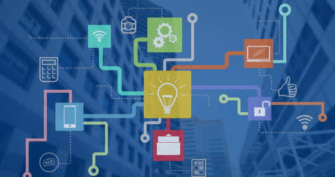 Digital Network and Technology with Icons Over Buildings