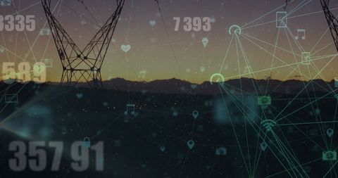 digital network overlay on power lines during sunset - Download Free Stock Images Pikwizard.com