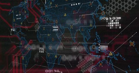 Digital world map with glowing blue outlines, hex grids and cybersecurity analytics alerts