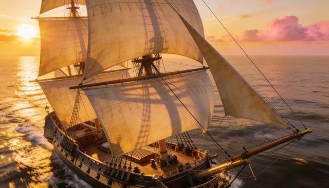Sailing tall ship cutting through golden sunset sea with full square sails and rigging
