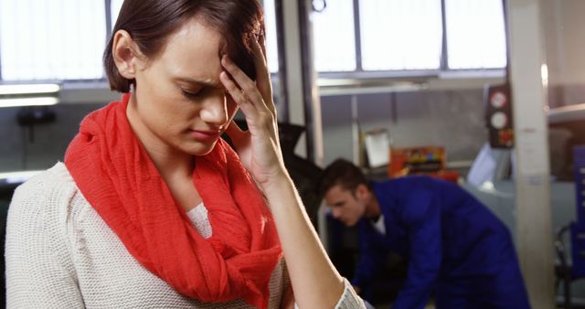 Worried Woman in Garage While Mechanic Repairs Car - Download Free Stock Images Pikwizard.com