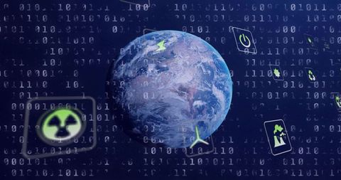 Earth rotating in digital network displaying green energy icons, binary data and recycling