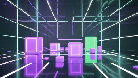 Futuristic neon grid tunnel with glowing cubes