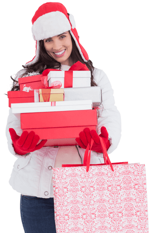 Festive Woman Holding Gifts in Warm Winter Attire on Transparent Background