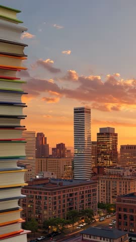 Vertical video of sliding books stacking into tower on roof overlooking skyline at sunset