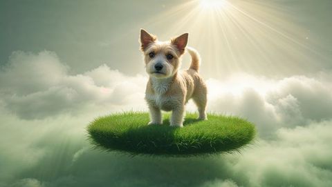 Whimsical Terrier Puppy Balancing on Floating Grass in Dreamlike Sky